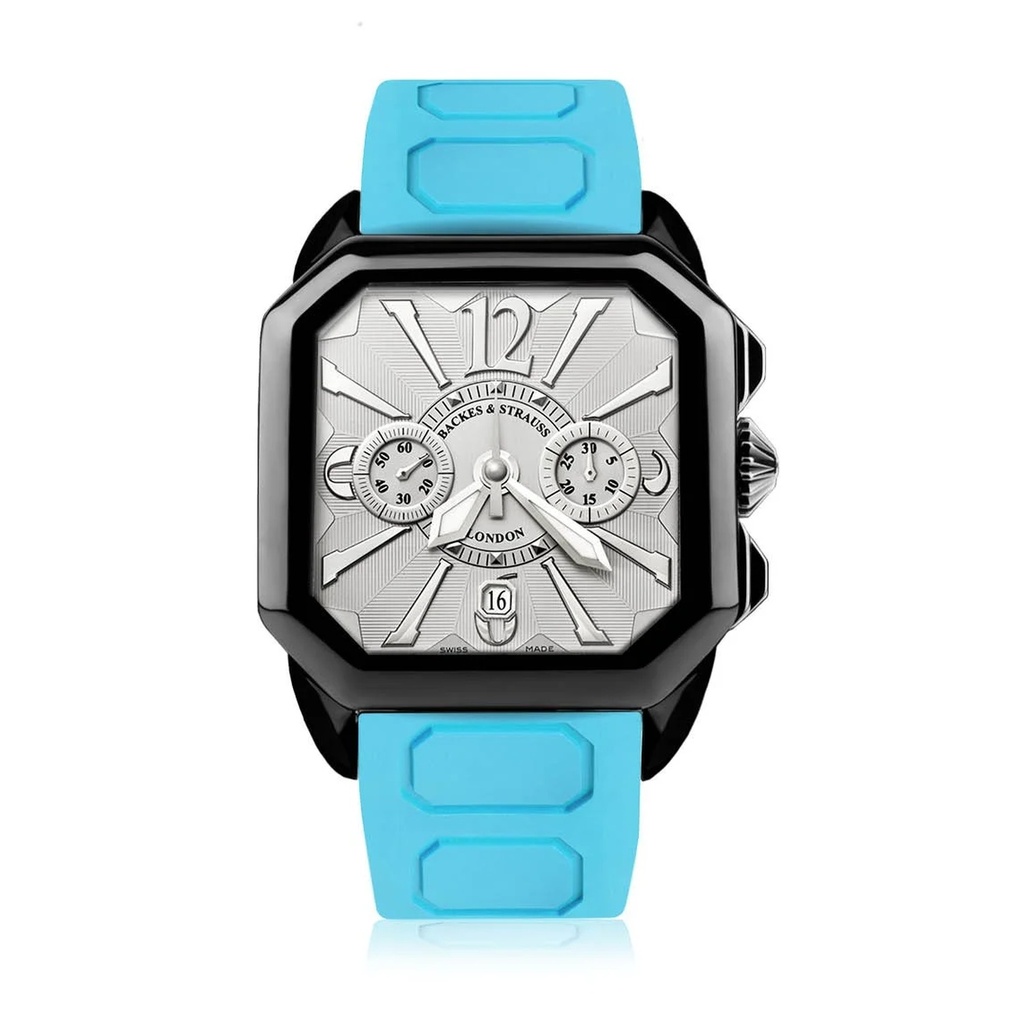 Berkeley Black Steel Watch White Chronograph Dial With Blue Rubber Strap Markers
