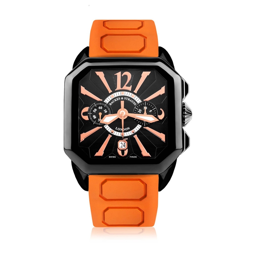 Berkeley Black Steel Watch Black Chronograph Dial With Orange Rubber Strap Markers
