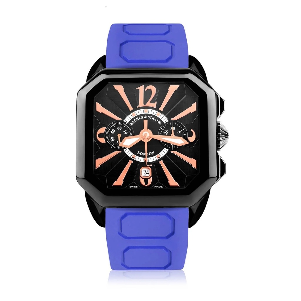 Berkeley Black Steel Watch Black Chronograph Dial With Royal Blue Rubber Strap Markers