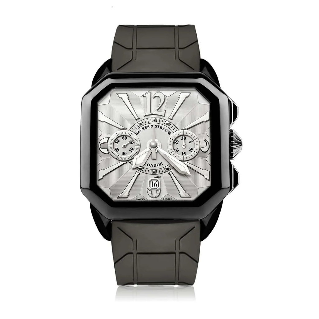 Berkeley Black Steel Watch White Chronograph Dial With Black Rubber Strap Markers