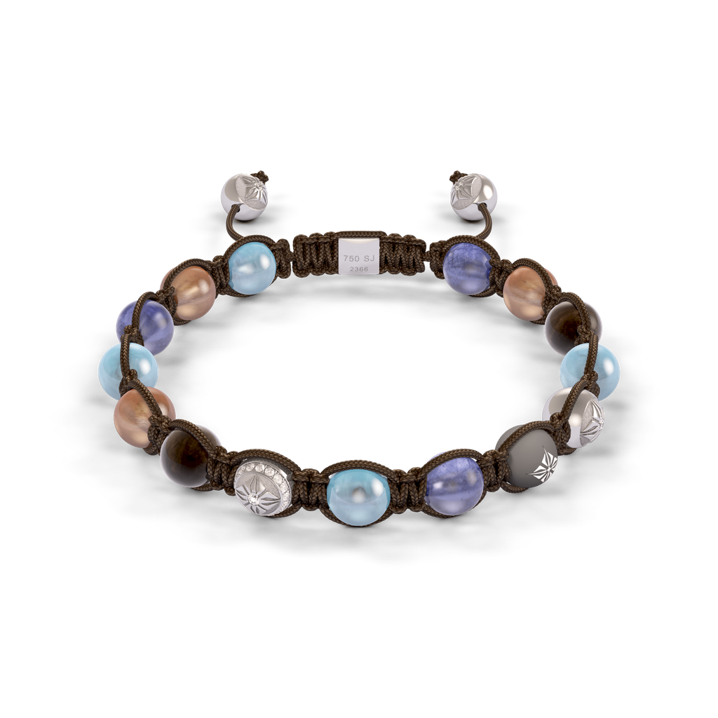 Shamballa Jewels - White Gold Brown Diamond, Blue Sapphire, Aquamarine, Tanzanite & White Diamond 8mm Braided Bracelet