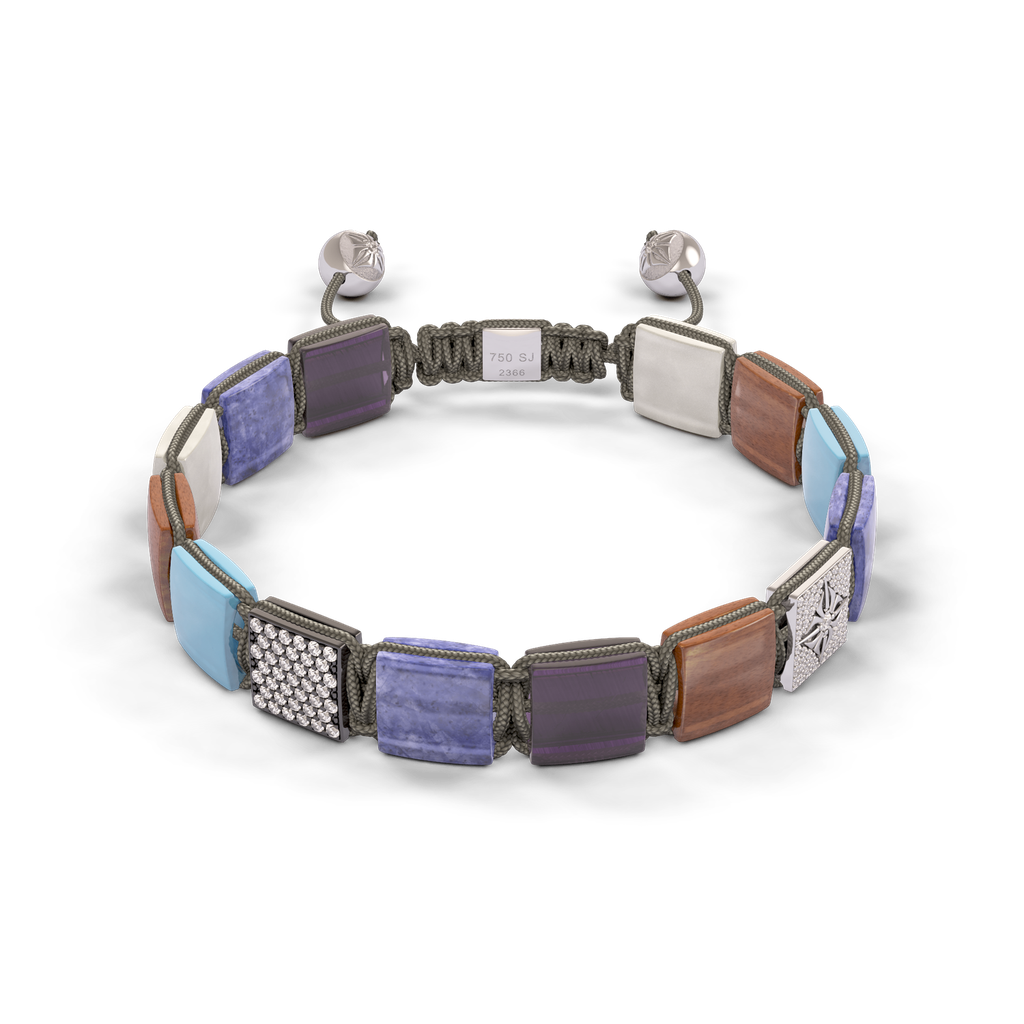 Shamballa Jewels - Black Gold & White Gold White Diamond, Aquamarine, Tanzanite, Grey Moonstone, Amethyst & Brown Moonstone 10mm Lock Bracelet
