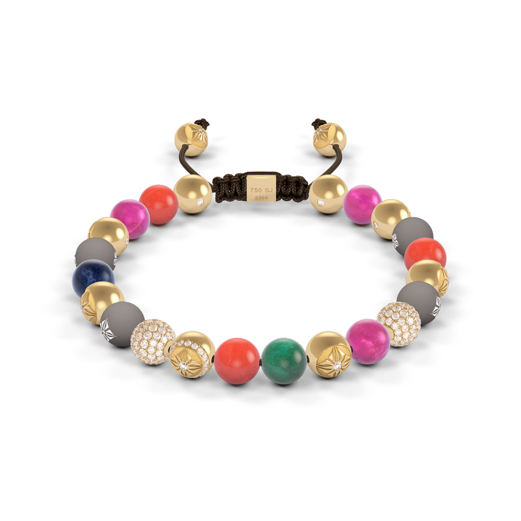 Shamballa Jewels - Yellow Gold White Diamond, Emerald, Coral, Pink Greenland Sapphire, Turquoise, Blue Sapphire & Yellow Opal 8mm Non-Braided Bracelet