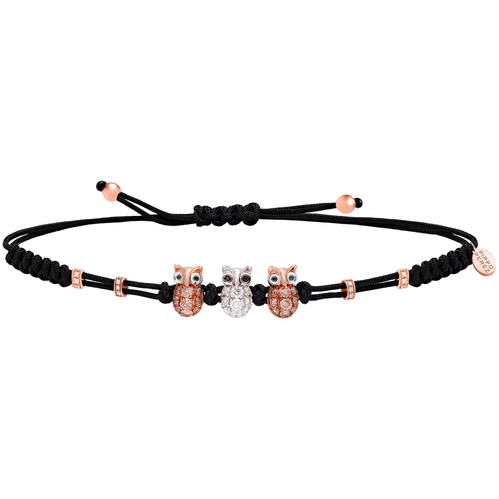Rose Gold & Brown Diamonds 3 Owls Cord Bracelet