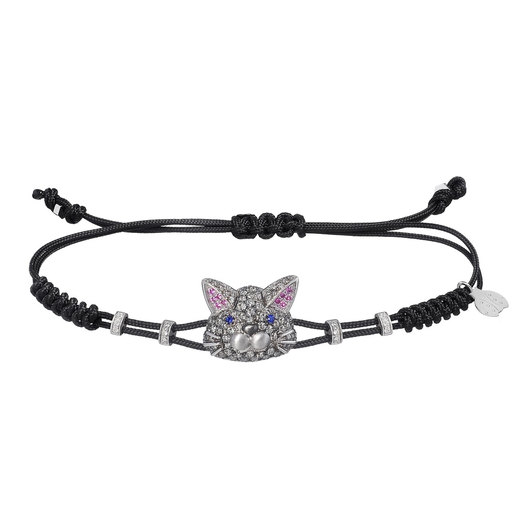 Large White Gold & Grey Diamond Toy Cat Bracelet