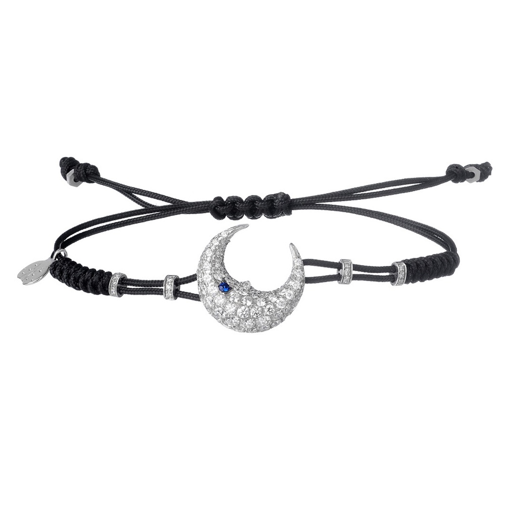 White Gold Large Half Moon Diamond Cord Bracelet