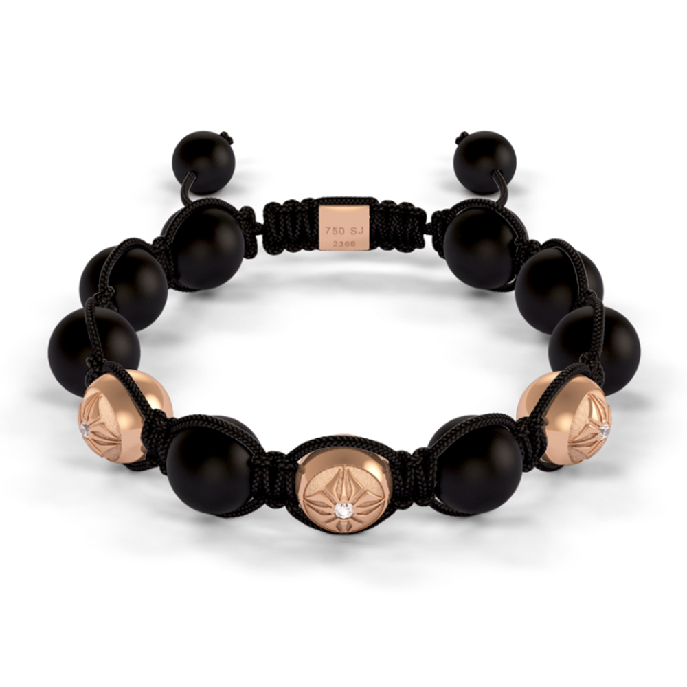 Tiple Gold SOS & Onyx 10mm Bead Braided Bracelet 