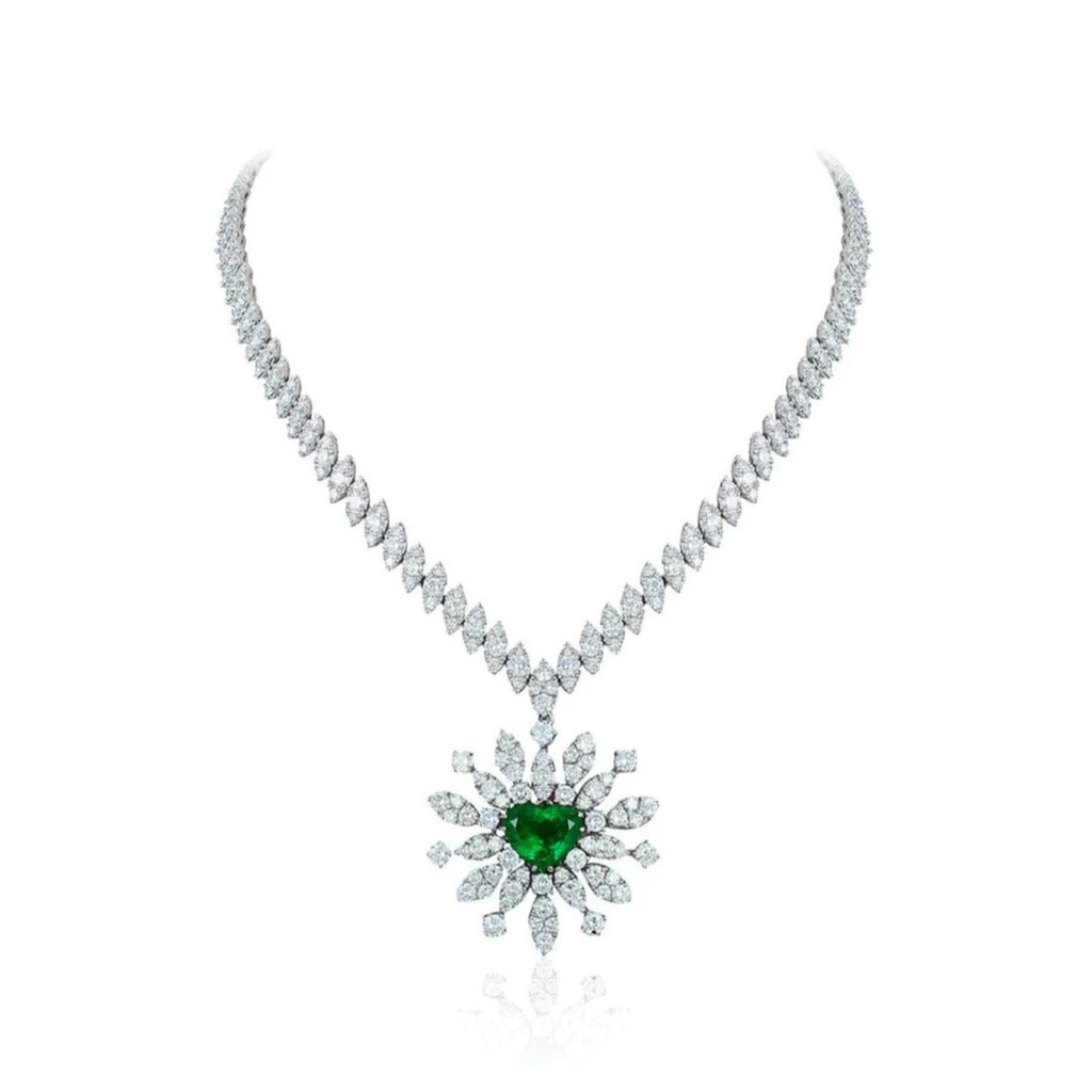White Gold Diamond Emerald Snowflake Necklace