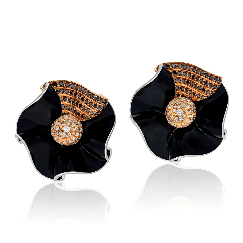 White Gold Flora Black Enamel Earrings