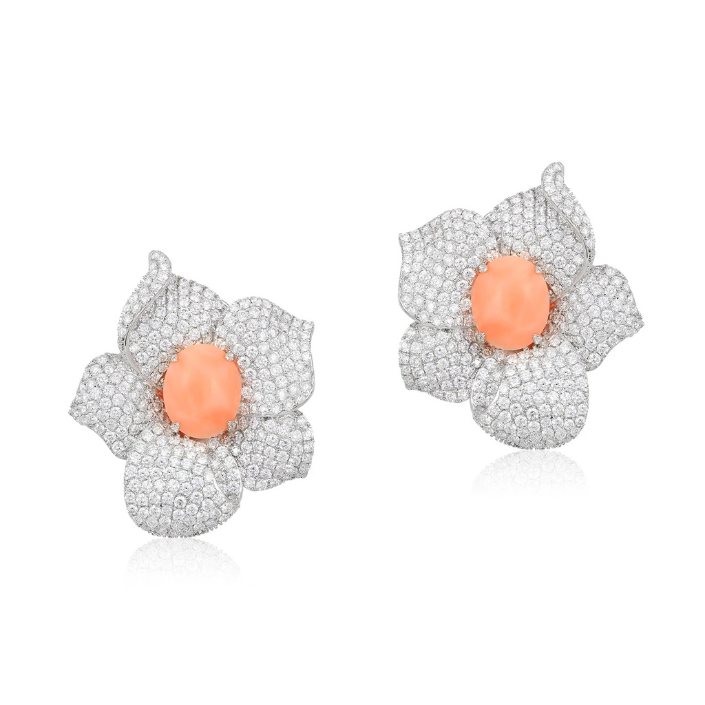 White Gold Primavera Coral And Diamond Earrings