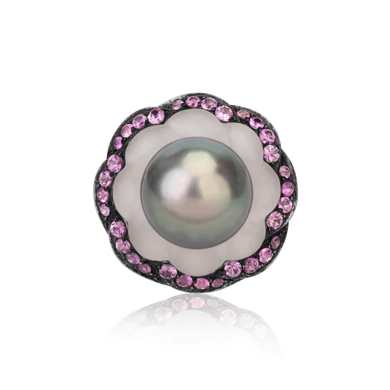 White Gold Tahitian Pearl And Pink Sapphire Ring