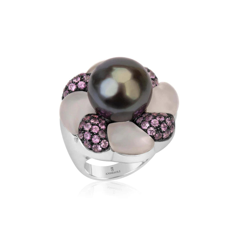 White Gold Tahitian Pearl And Pink Sapphire Ring