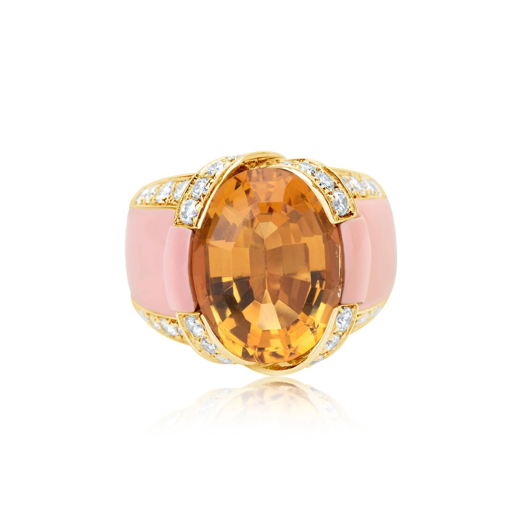Yellow Gold Italian Coral And Citrine Ring