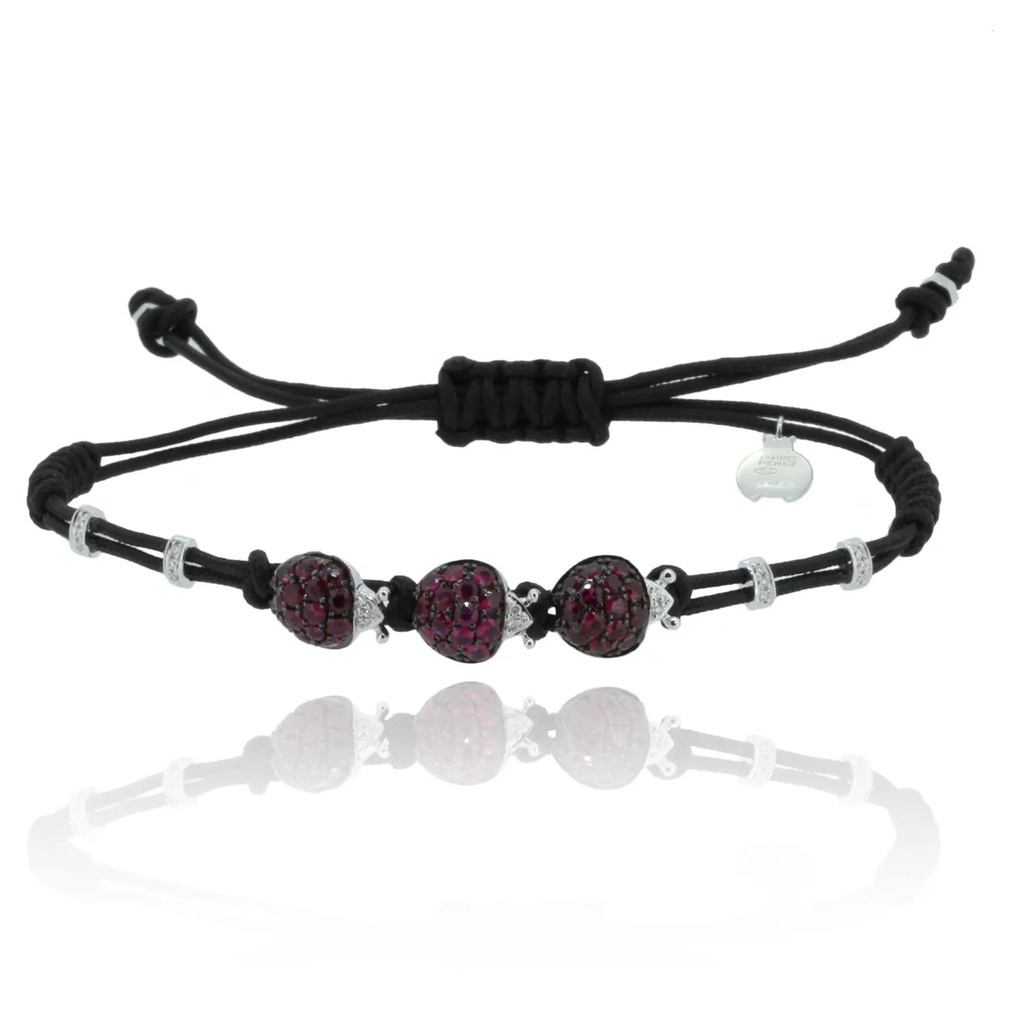 White Gold Three Ladybug Cord Bracelet White and Black Diamond