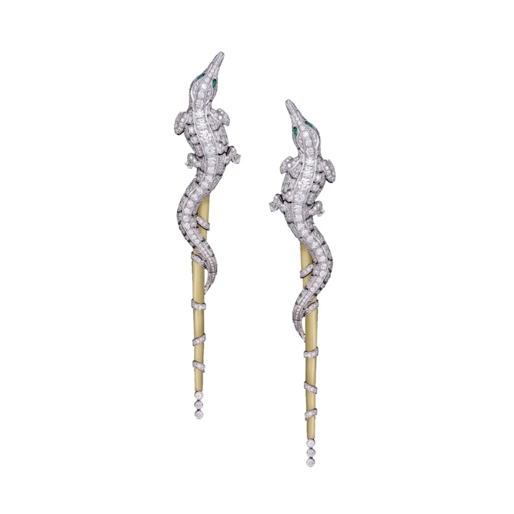 Caresse de Croco Full Pave Diamond Earrings - Long Version - Yellow Gold