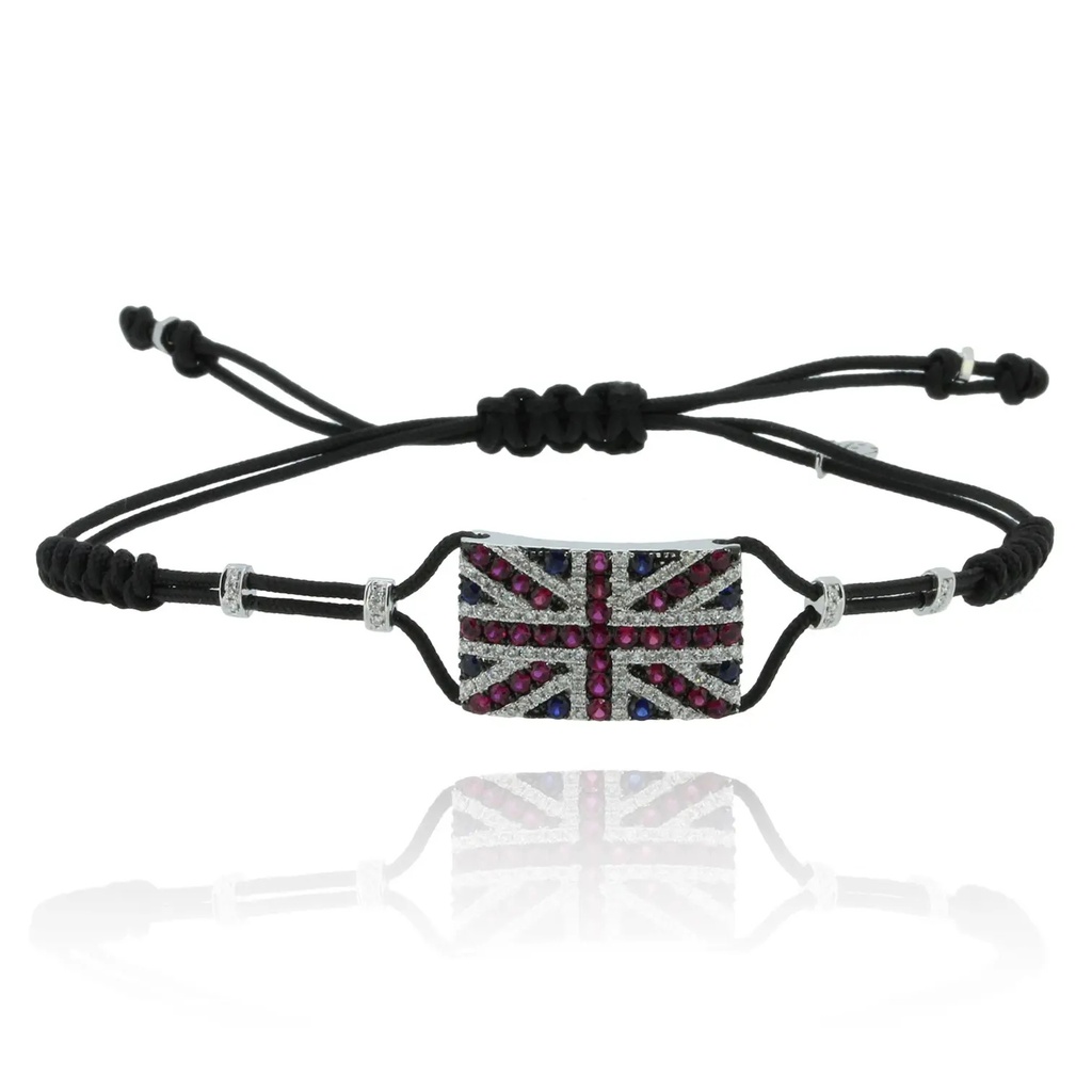 White Gold Union Jack Flag Cord Bracelet Diamond Ruby Blue Sapphire