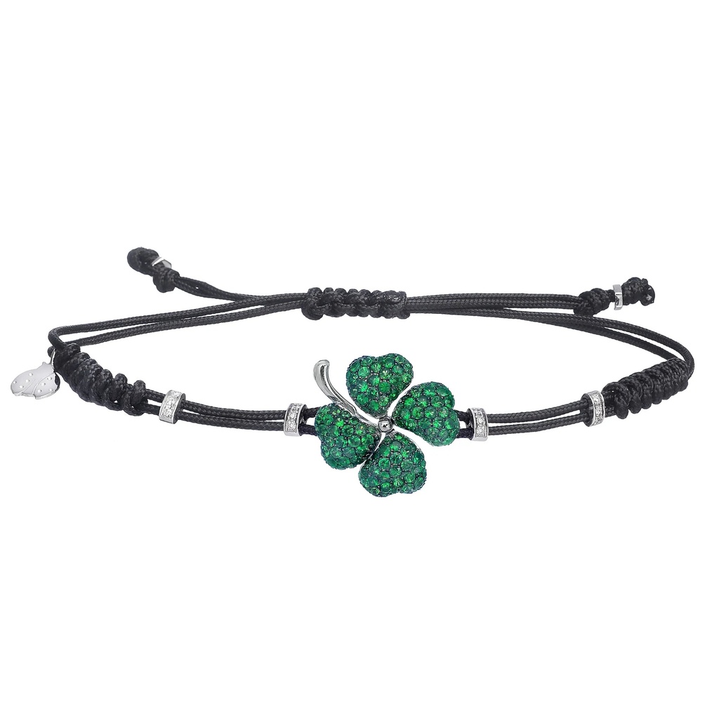 White Gold Clover Cord Bracelet Diamond Tsavorite