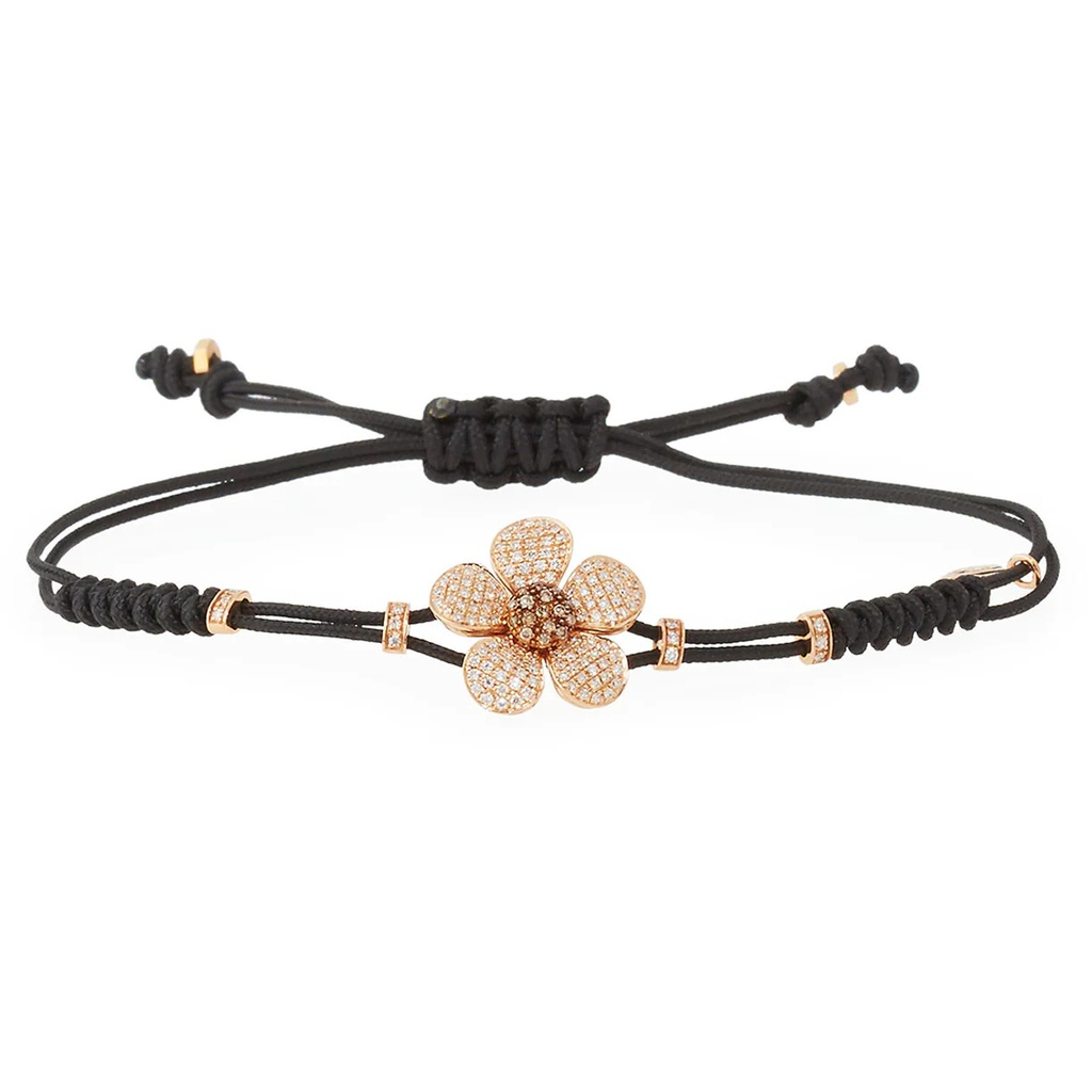 Rose Gold Flower Cord Bracelet White and Brown Diamond