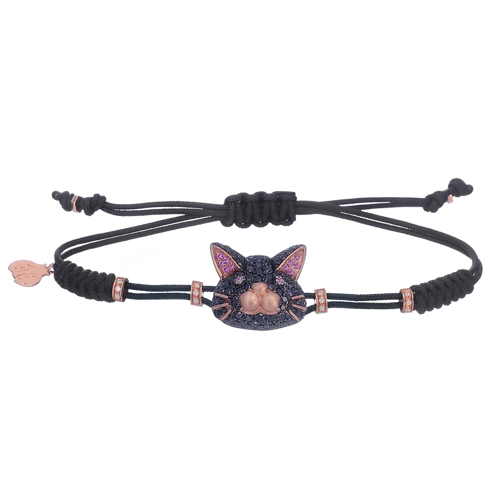 Rose Gold Cat Cord Bracelet White and Black Diamond
