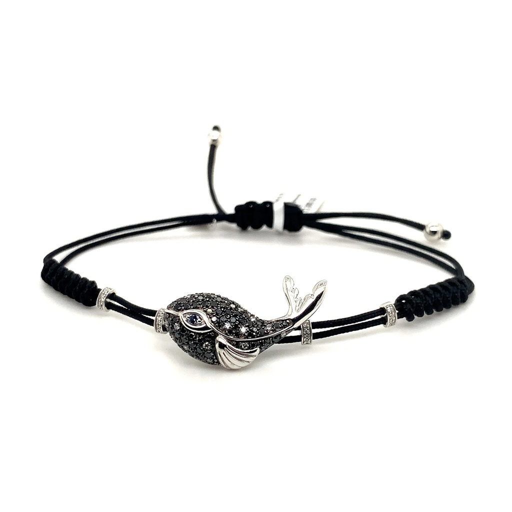 White Gold Killer Whale Cord Bracelet White and Black Diamond