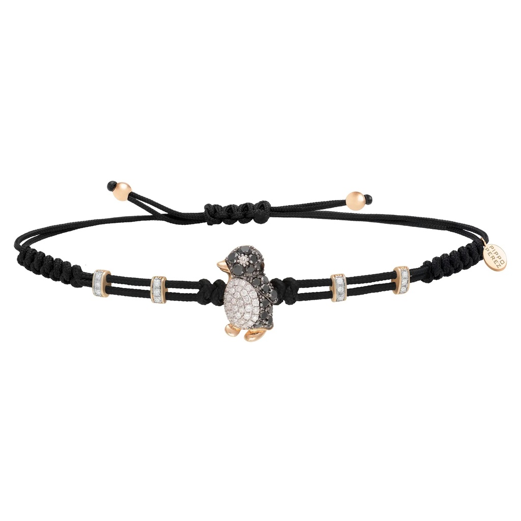 Rose Gold Extra Large Penguin Cord Bracelet White and Black Diamond