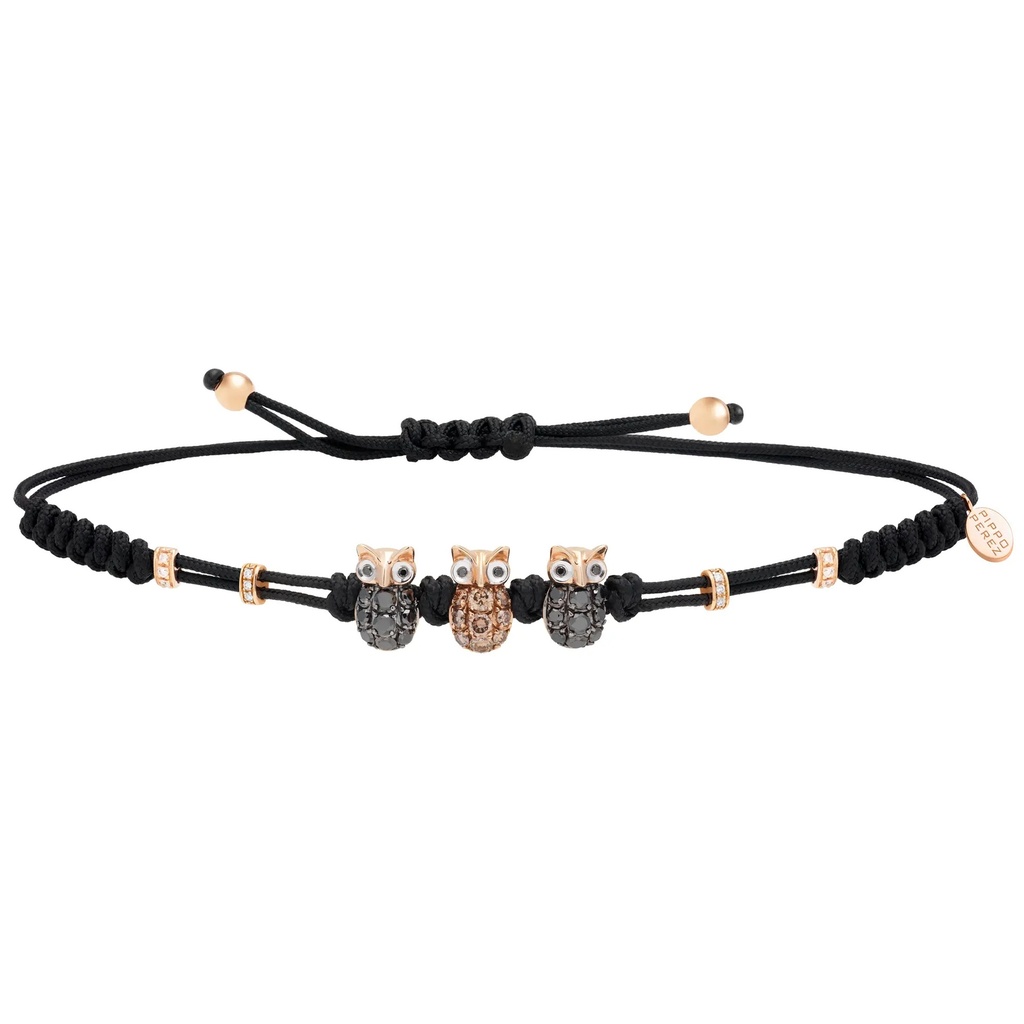 Rose Gold Three Owl Cord Bracelet White and Black Diamond