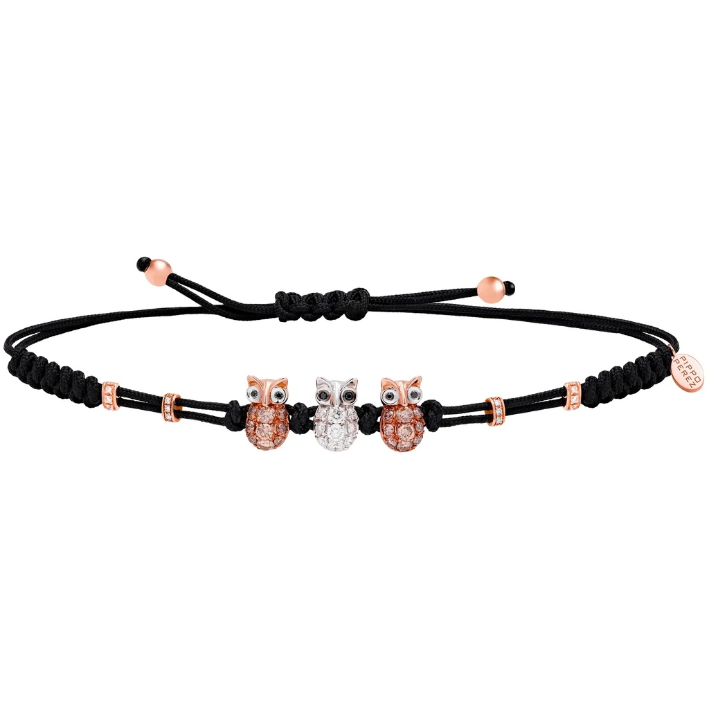 White and Rose Gold Three Owl Cord Bracelet White and Brown Diamond