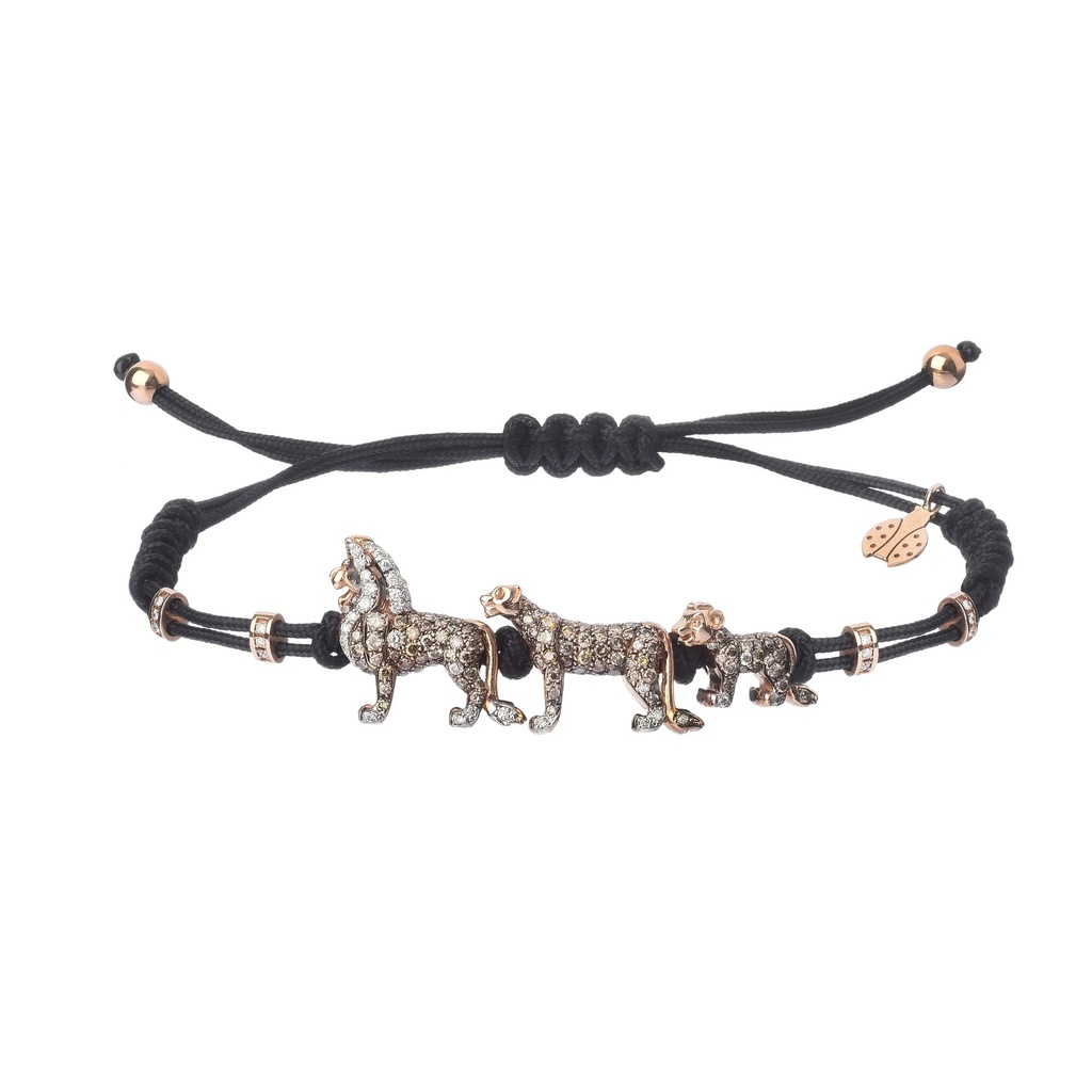 Rose Gold Lion Family Cord Bracelet White and Brown Diamond