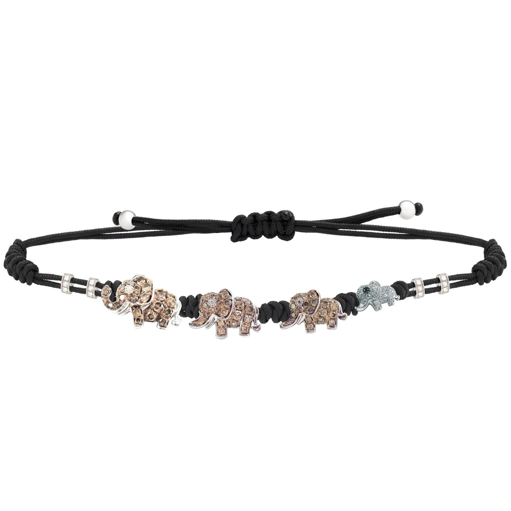 Rose Gold Elephant Family Cord Bracelet White and Brown Diamond