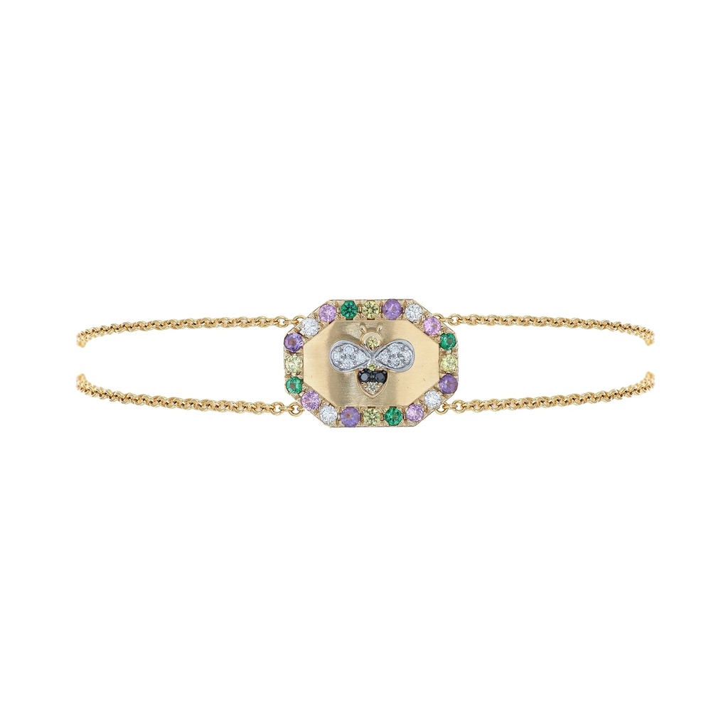 Rose Gold Bee Shield Chain Bracelet Mixed Sapphire