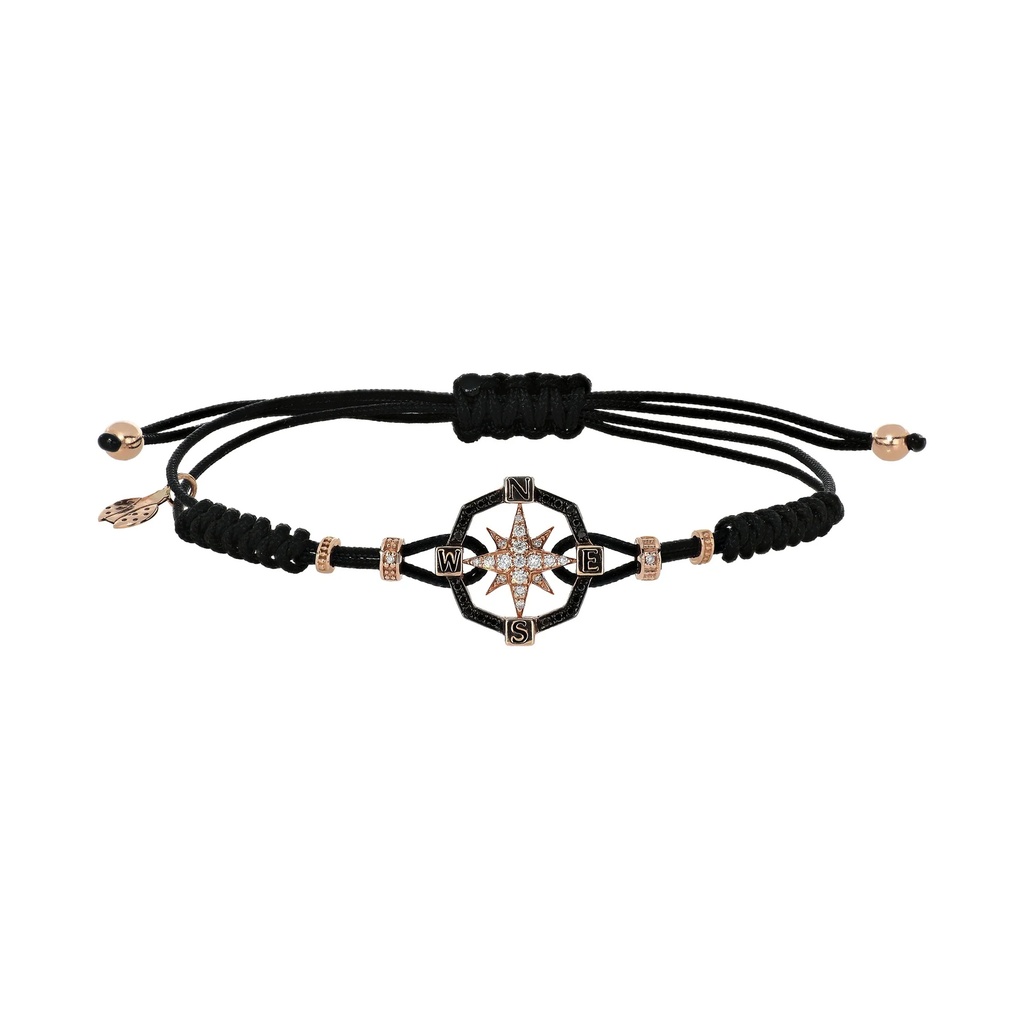 Rose Gold Compass Cord Bracelet White and Black Diamond