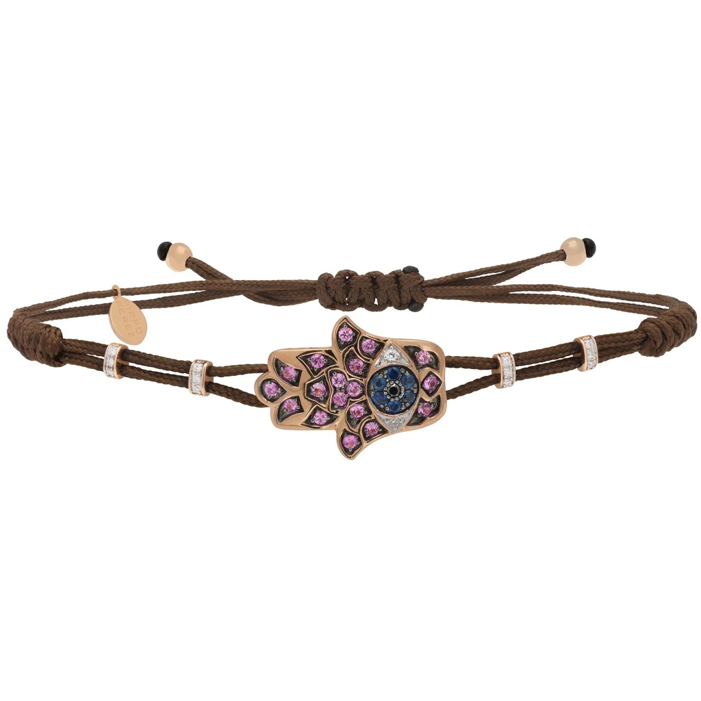 Rose Gold Hamsa Cord Bracelet Diamond Amethyst Blue Sapphire