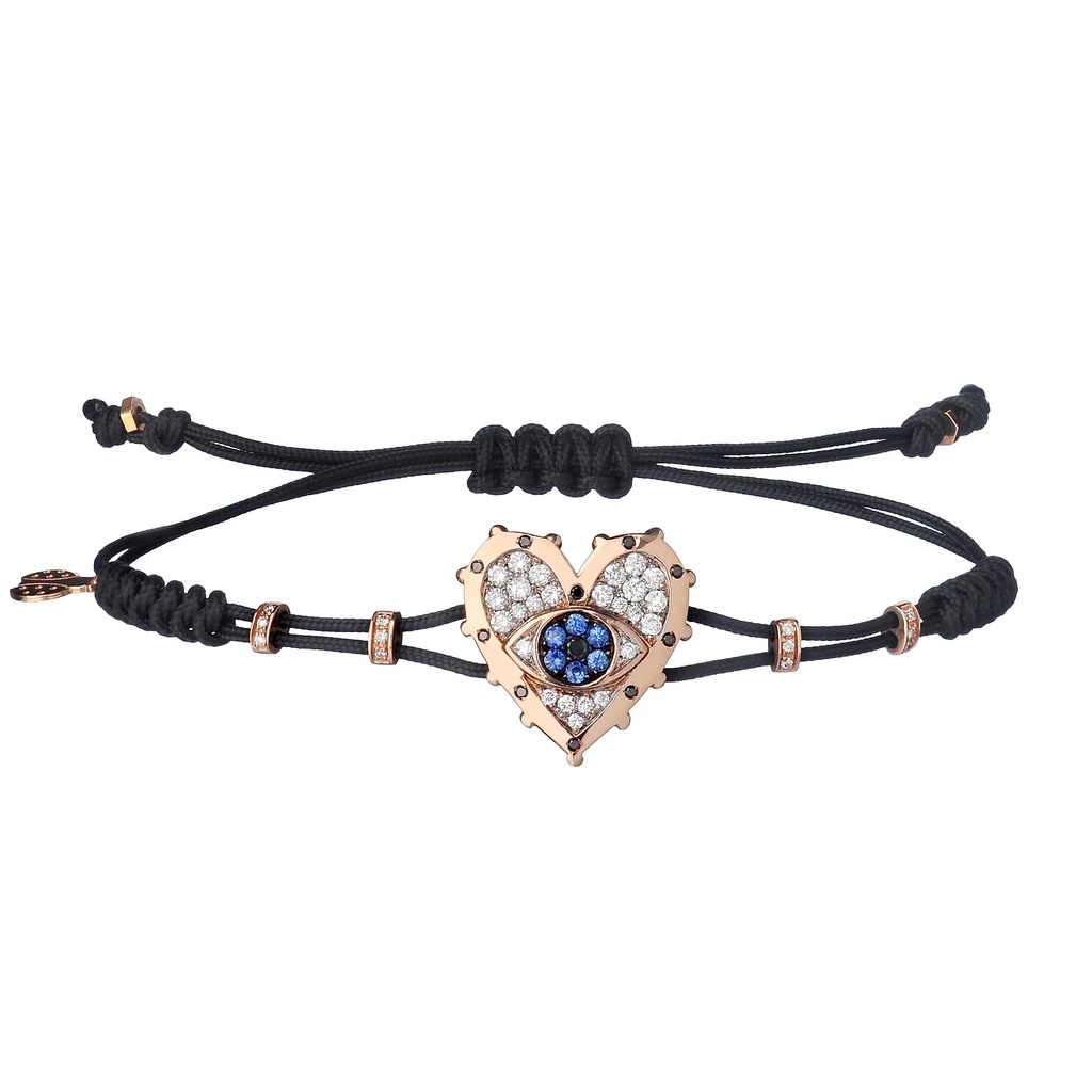 Rose Gold Evil Eye Heart Cord Bracelet Diamond Blue Sapphire