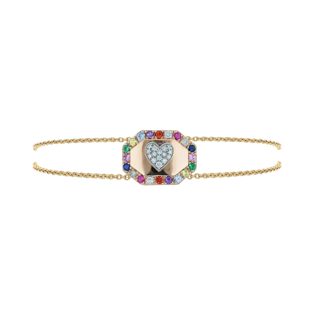 Rose Gold Heart Shield Chain Bracelet Diamond Mixed Sapphire