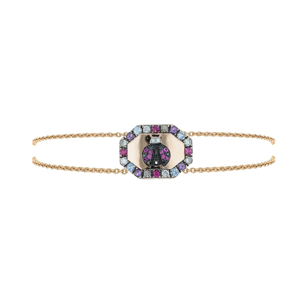 Rose Gold Ladybug Shield Chain Bracelet Ruby Mixed Sapphire