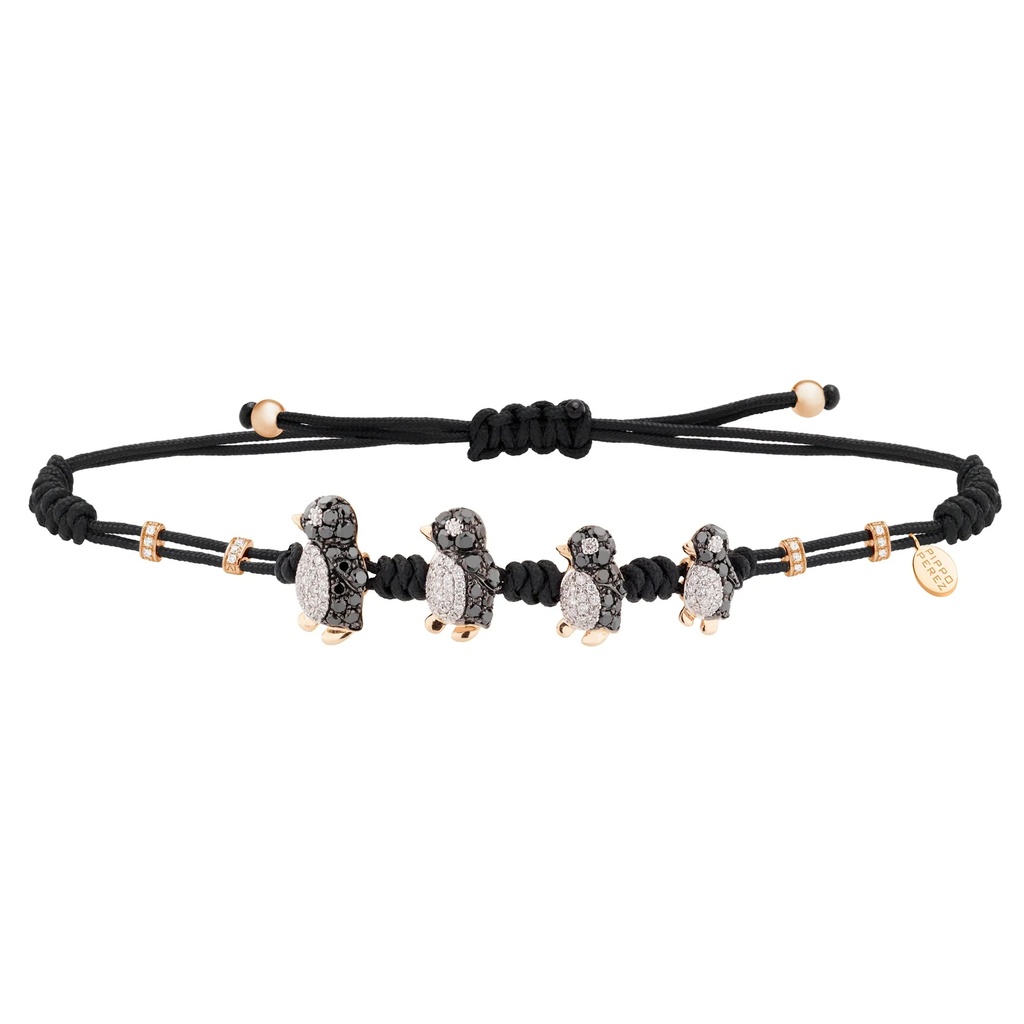 Rose Gold Family Penguin Cord Bracelet White and Black Diamond