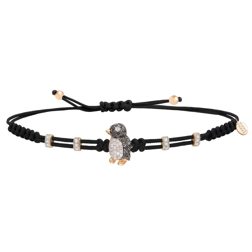 Rose Gold Large Penguin Cord Bracelet White and Black Diamond