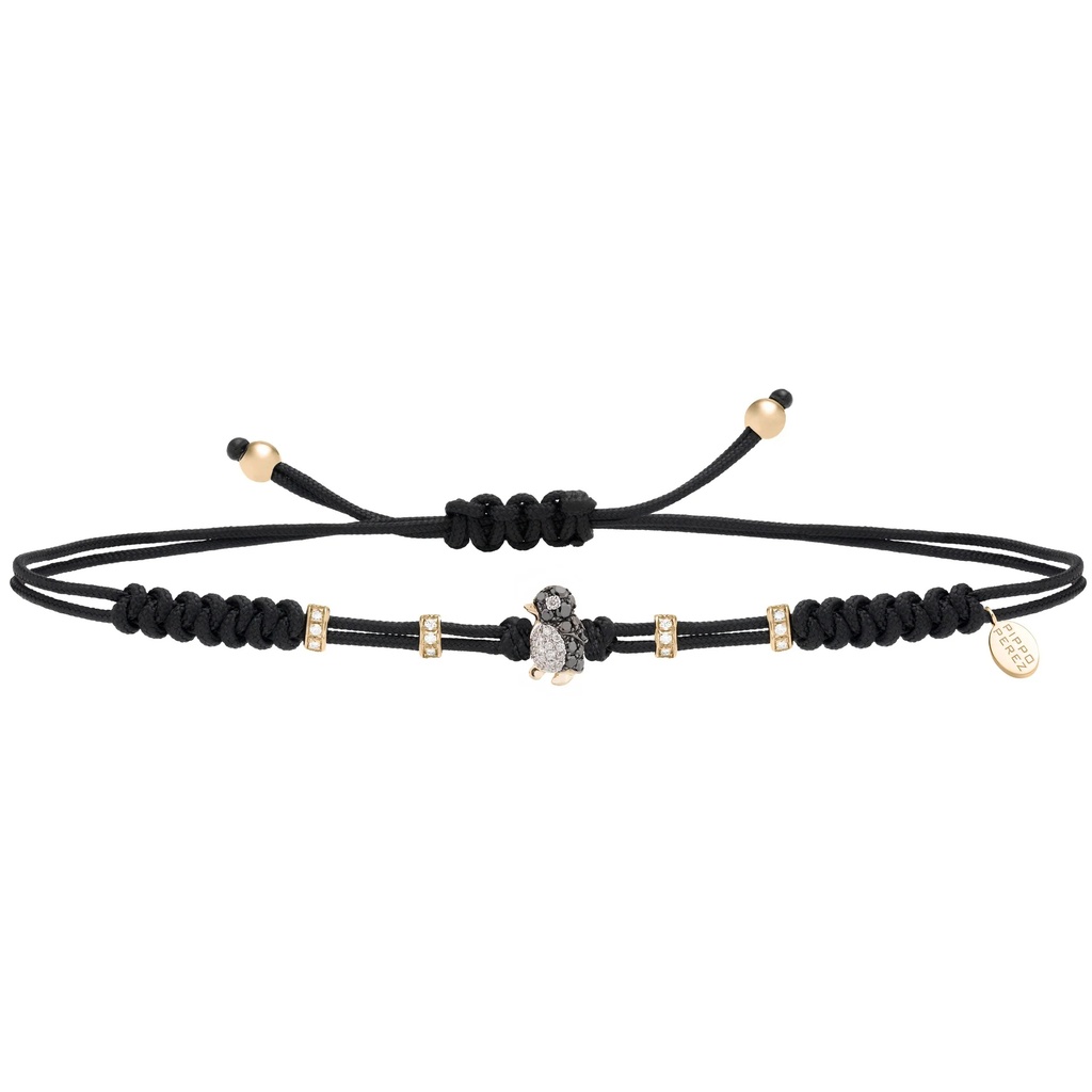 Rose Gold Small Penguin Cord Bracelet White and Black Diamond