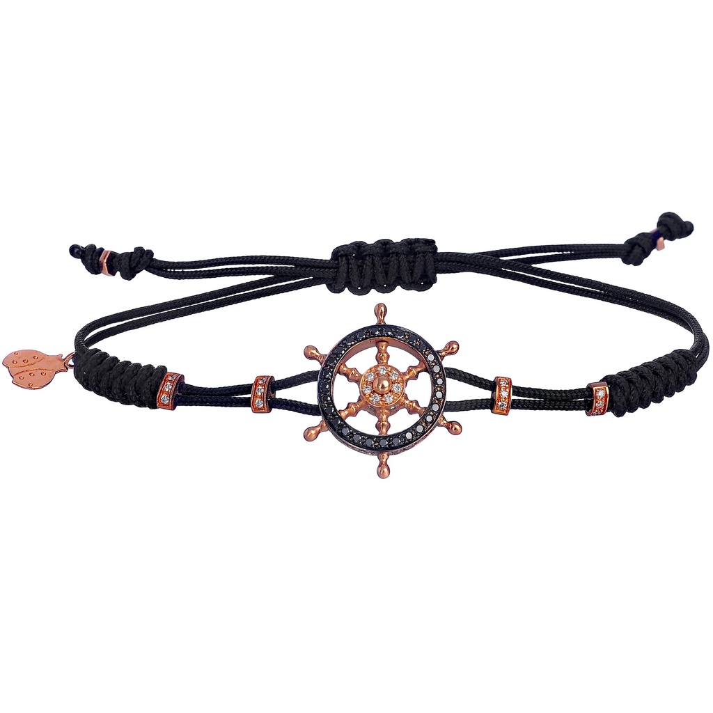 Rose Gold Ships Wheel Cord Bracelet White and Black Diamond