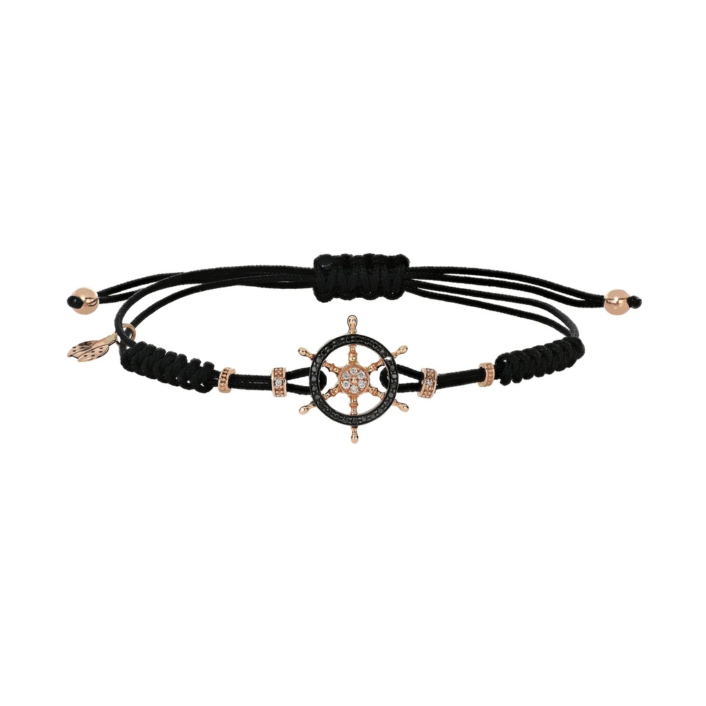 Rose Gold Small Ships Wheel Cord Bracelet White and Black Diamond