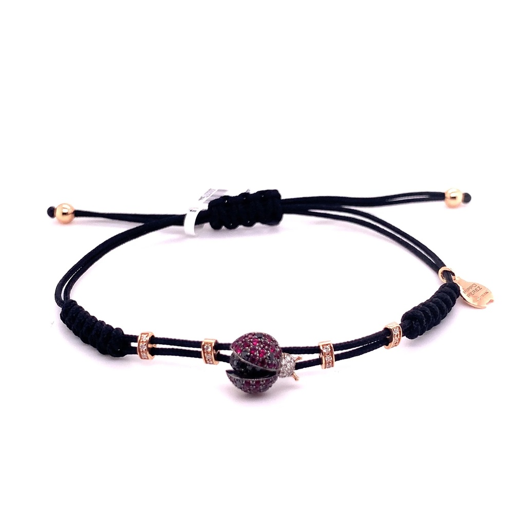 Rose Gold Small Ladybug Cord Bracelet White and Black Diamond