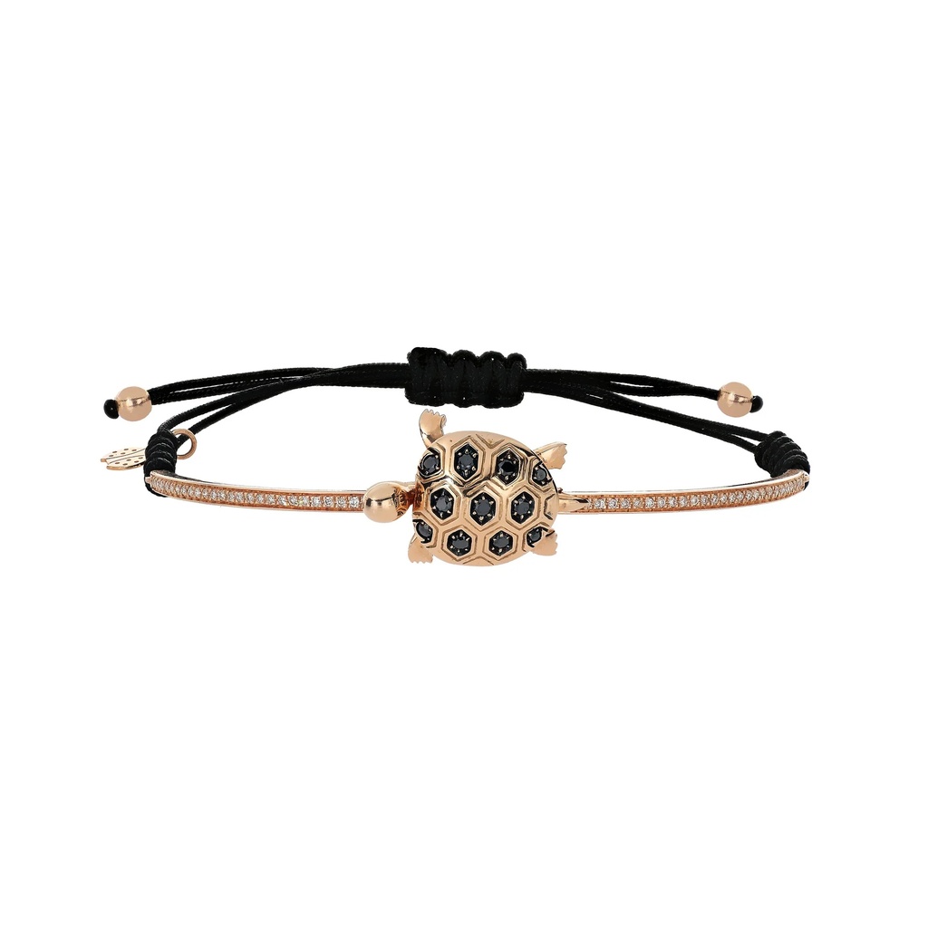 Yellow Gold Turtle Cord Bracelet Black and Brown Diamond