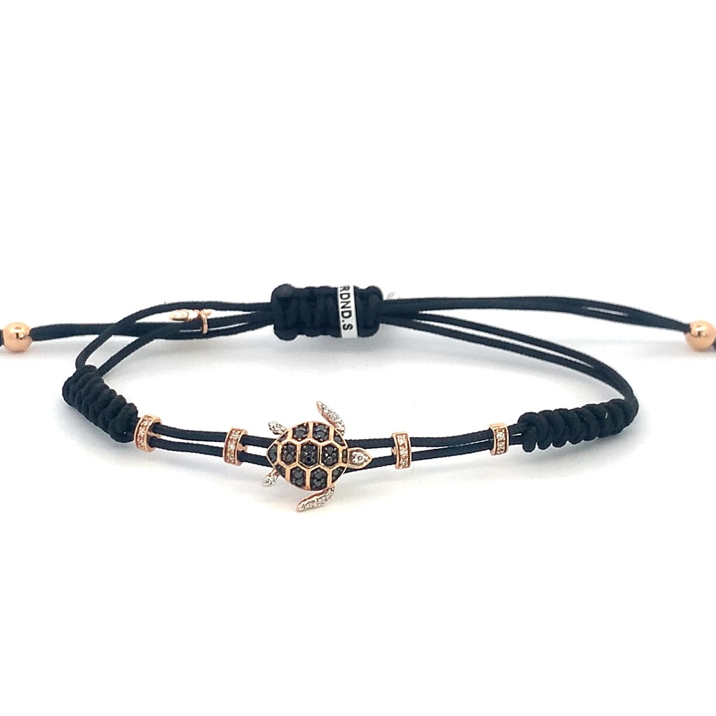 Rose Gold Small Turtle Cord Bracelet White and Black Diamond