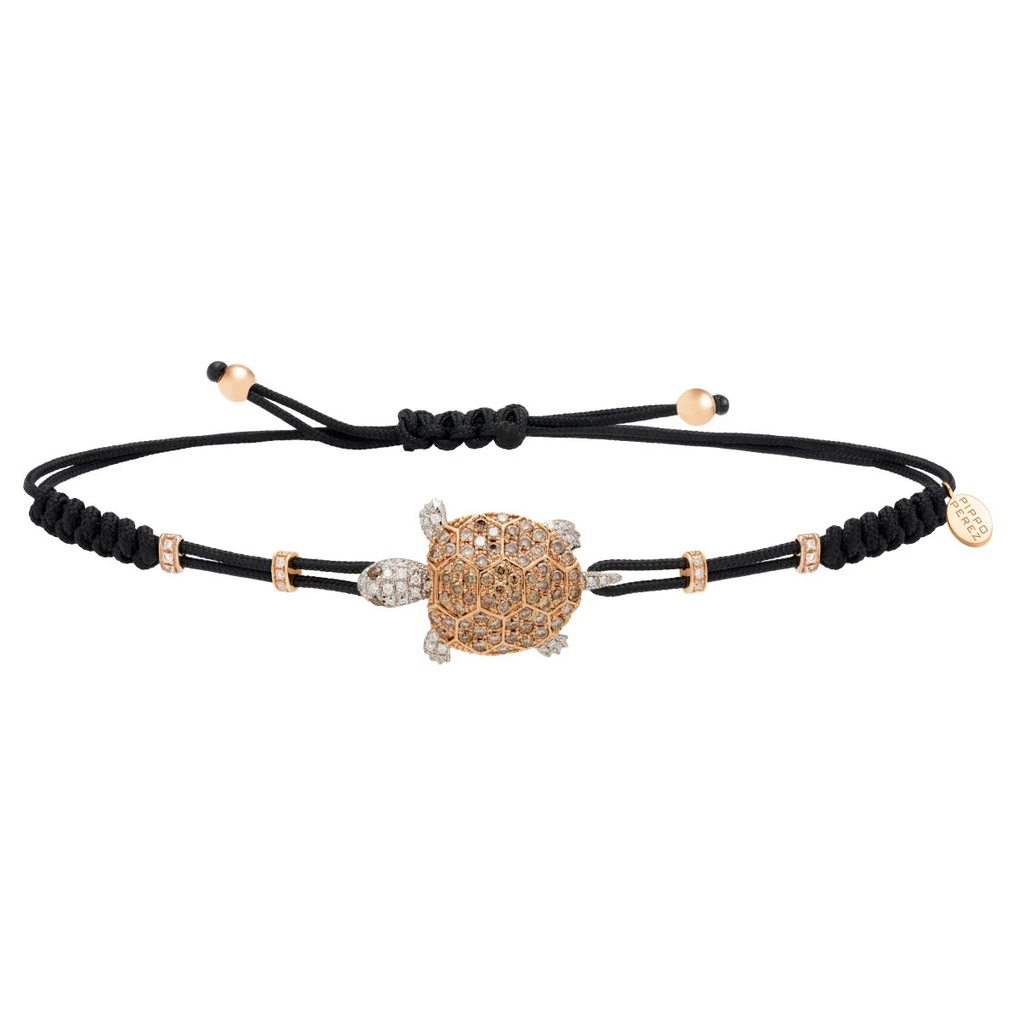 White and Rose Gold Turtle Cord Bracelet White and Brown Diamond
