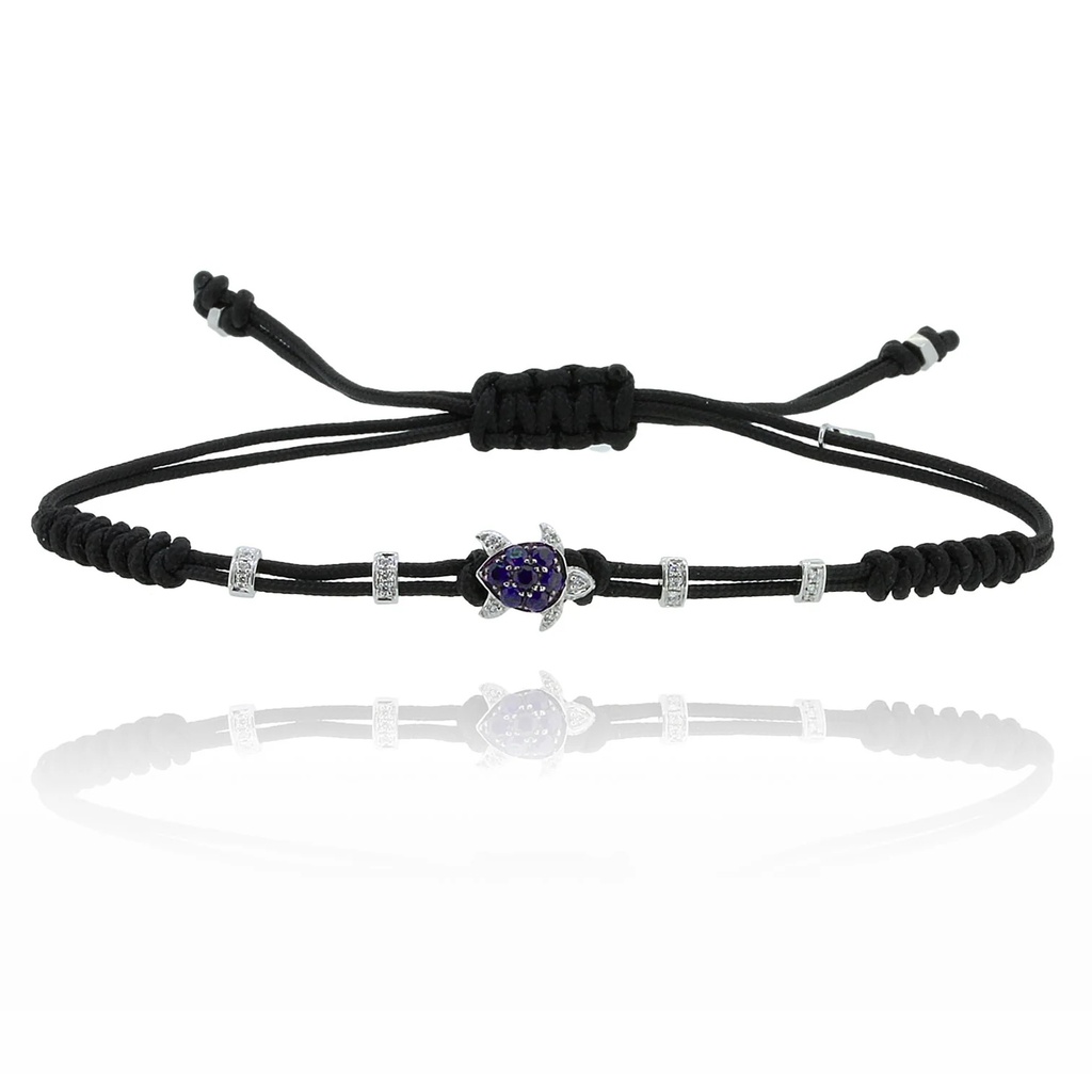White Gold Small Turtle Cord Bracelet Blue Sapphire