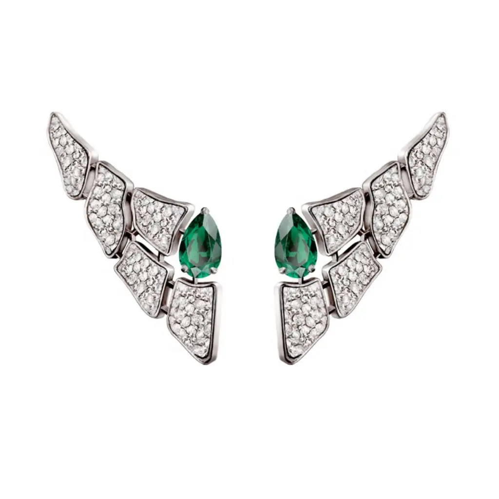 Skin 5 Elements Full Pave Diamond Emerald Earrings - White Gold