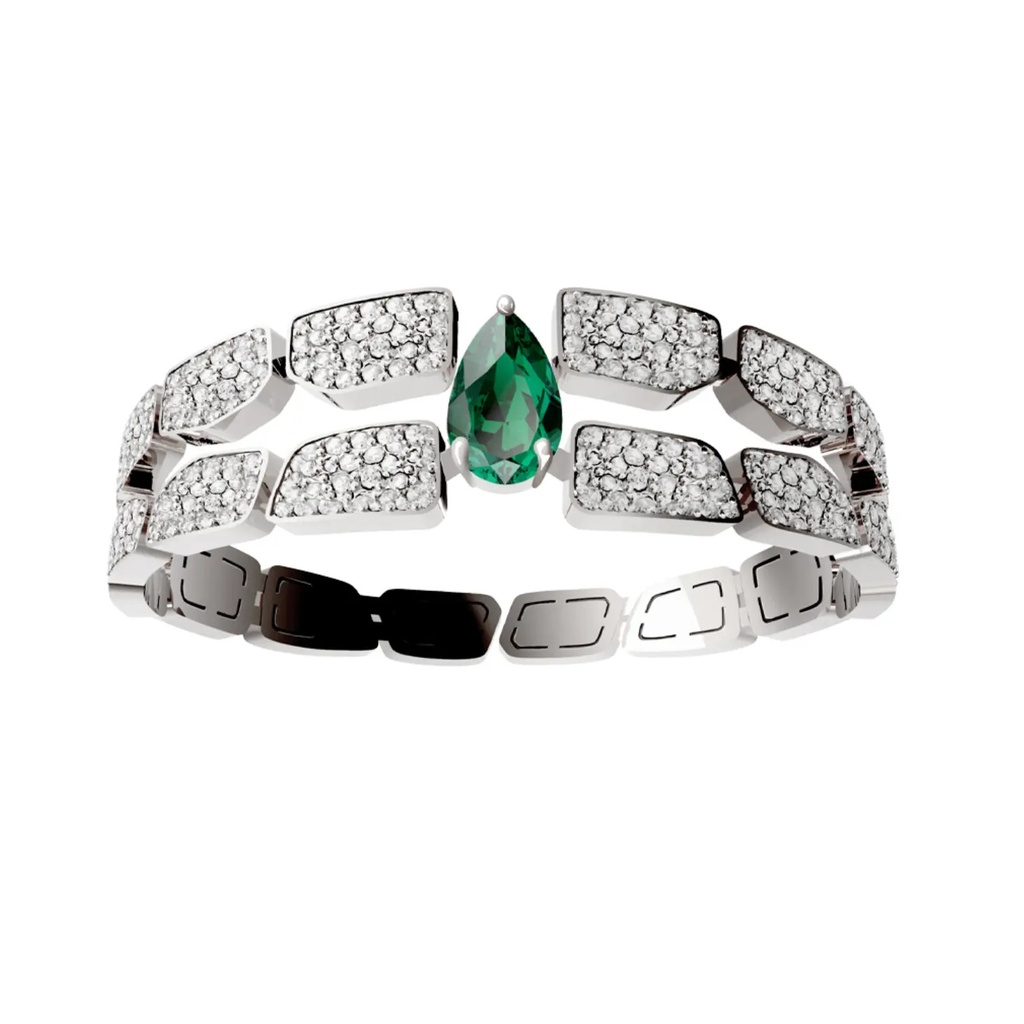 Skin Double Row Full Pave Diamond Emerald Bracelet - Yellow Gold