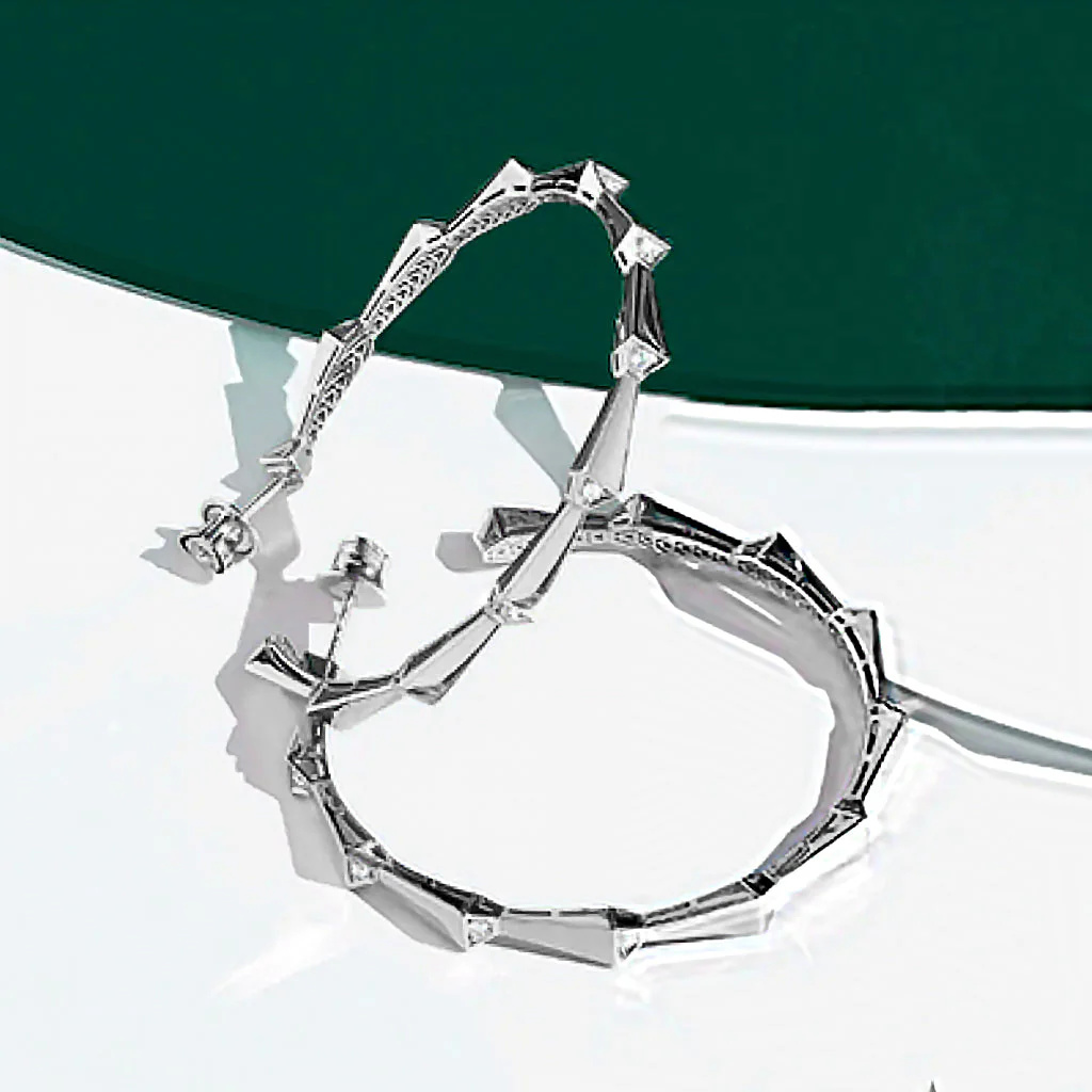 Spike 1 Row Light Pave Diamond Hoops - White Gold