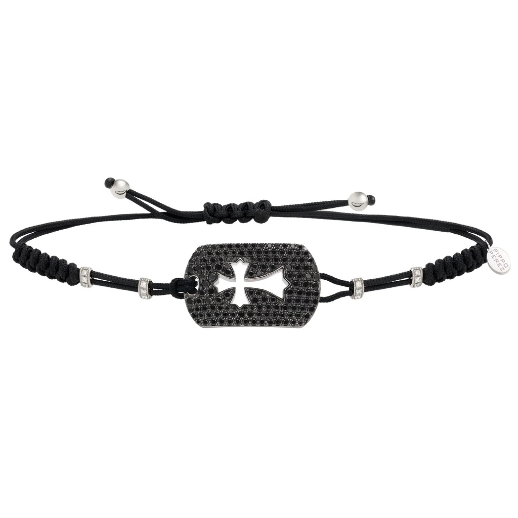 White Gold Cross Cord Bracelet White and Black Diamond