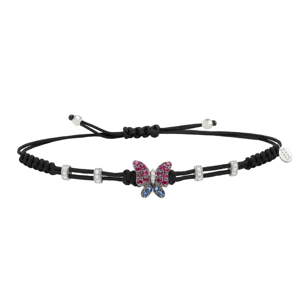 White Gold Butterfly Cord Bracelet Diamond Ruby Blue Sapphire